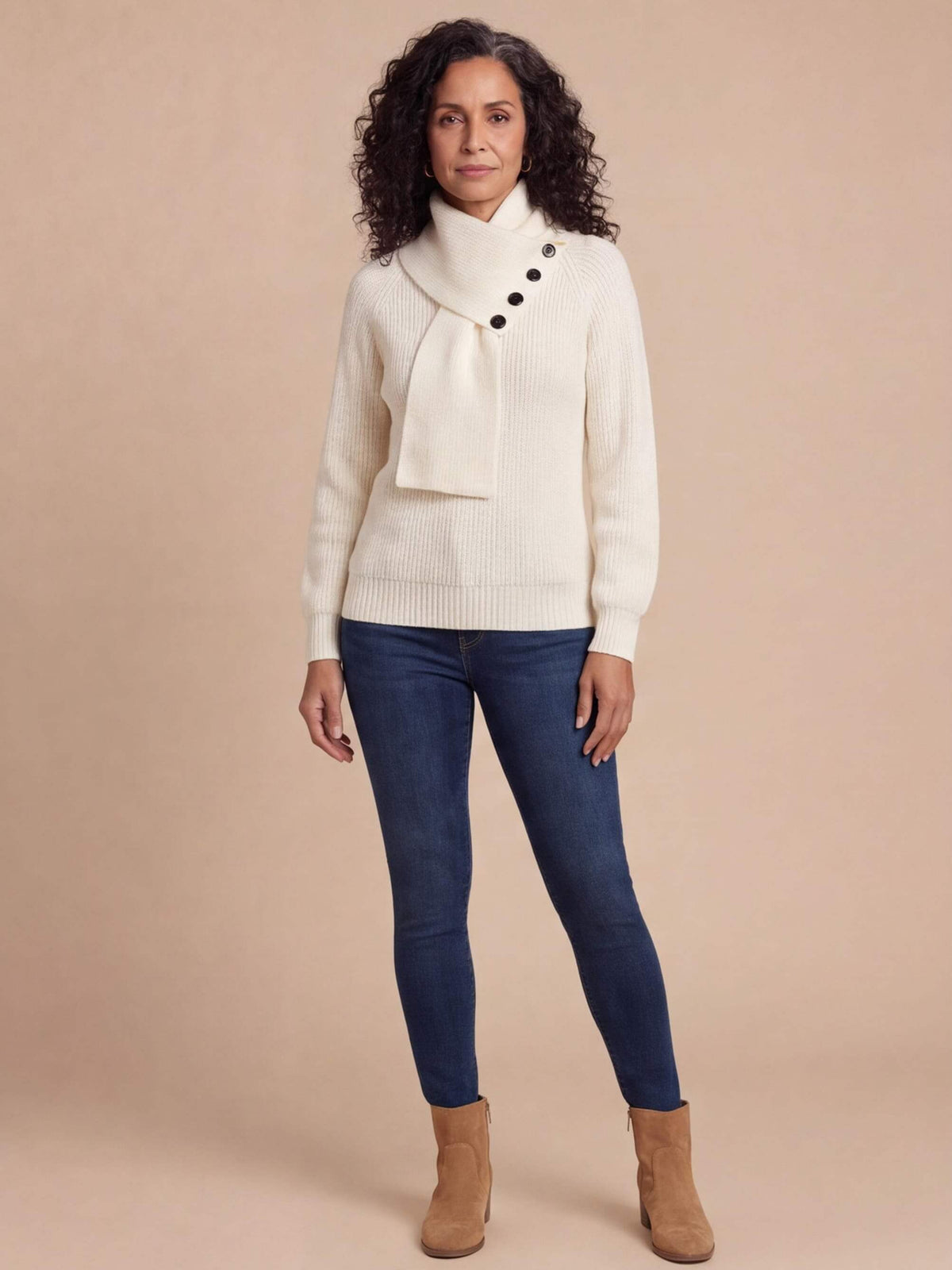 Women’s Ribbed Knit Funnel Neck Button Detail Sweater