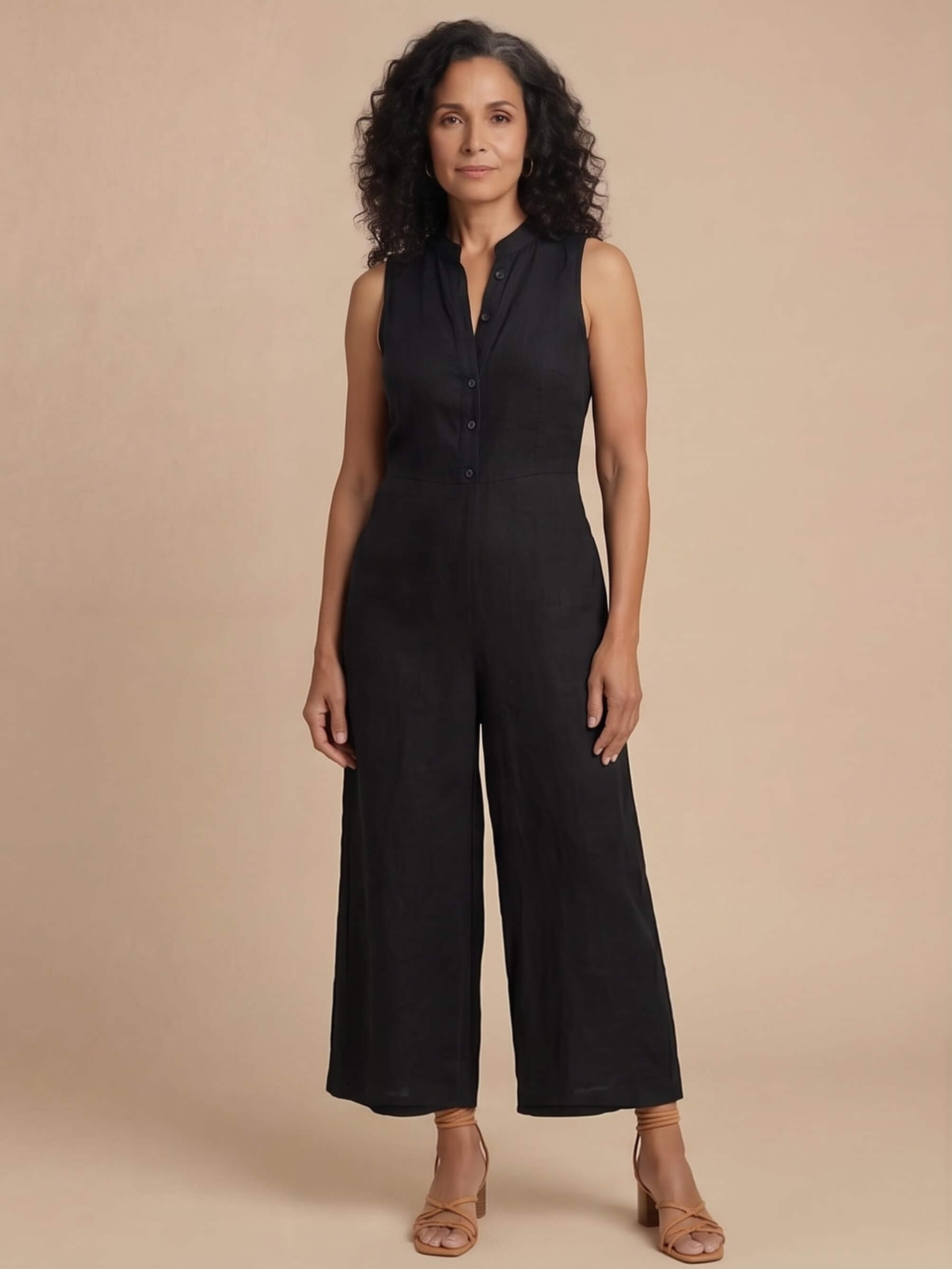 Women’s Sleeveless Button Front Wide-Leg Jumpsuit