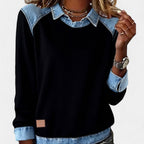 Women’s Denim Collar Detail Long-Sleeve Knit Top