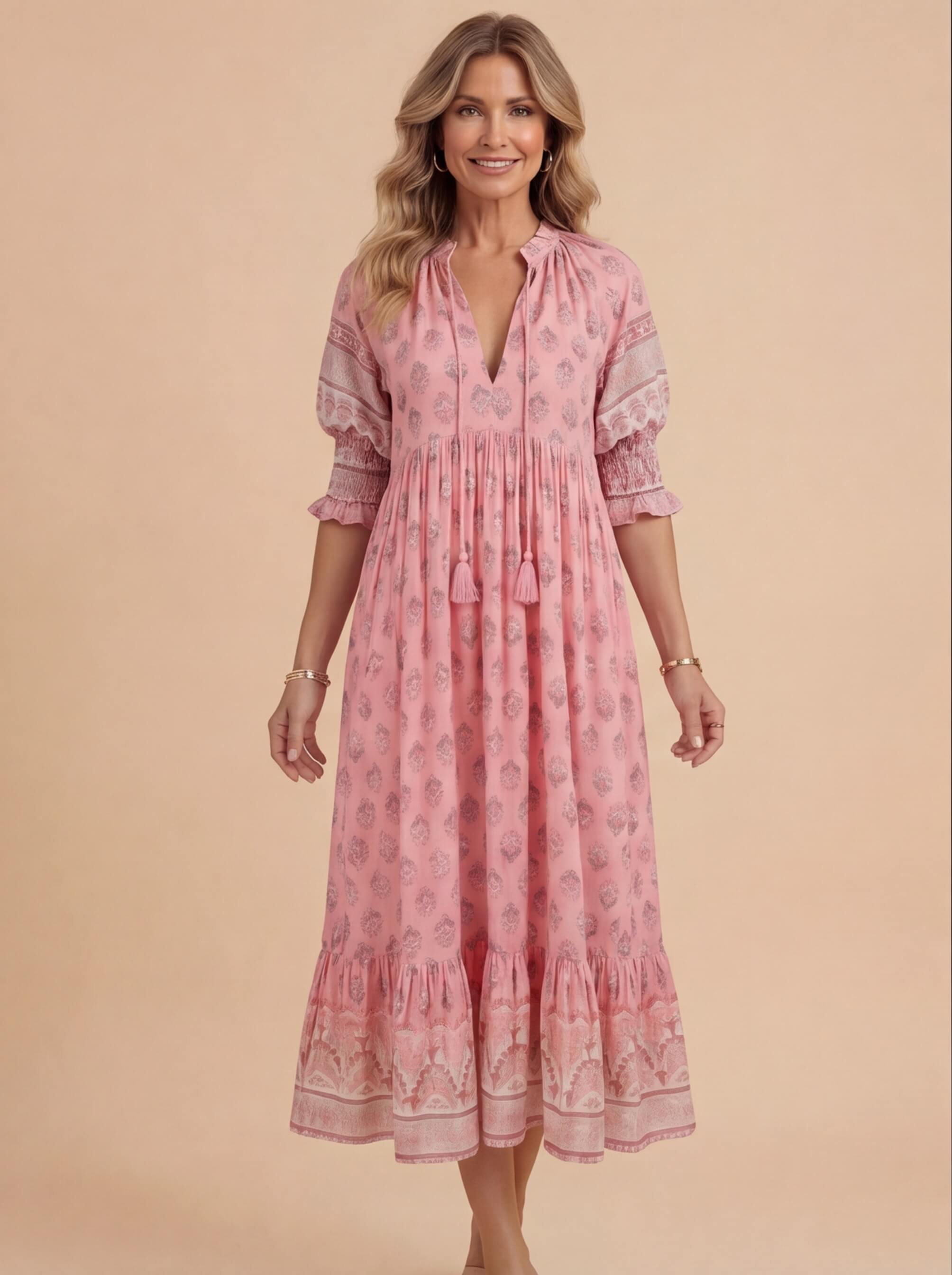 Women’s Dress – Boho Maxi Dress with Tassel Detail