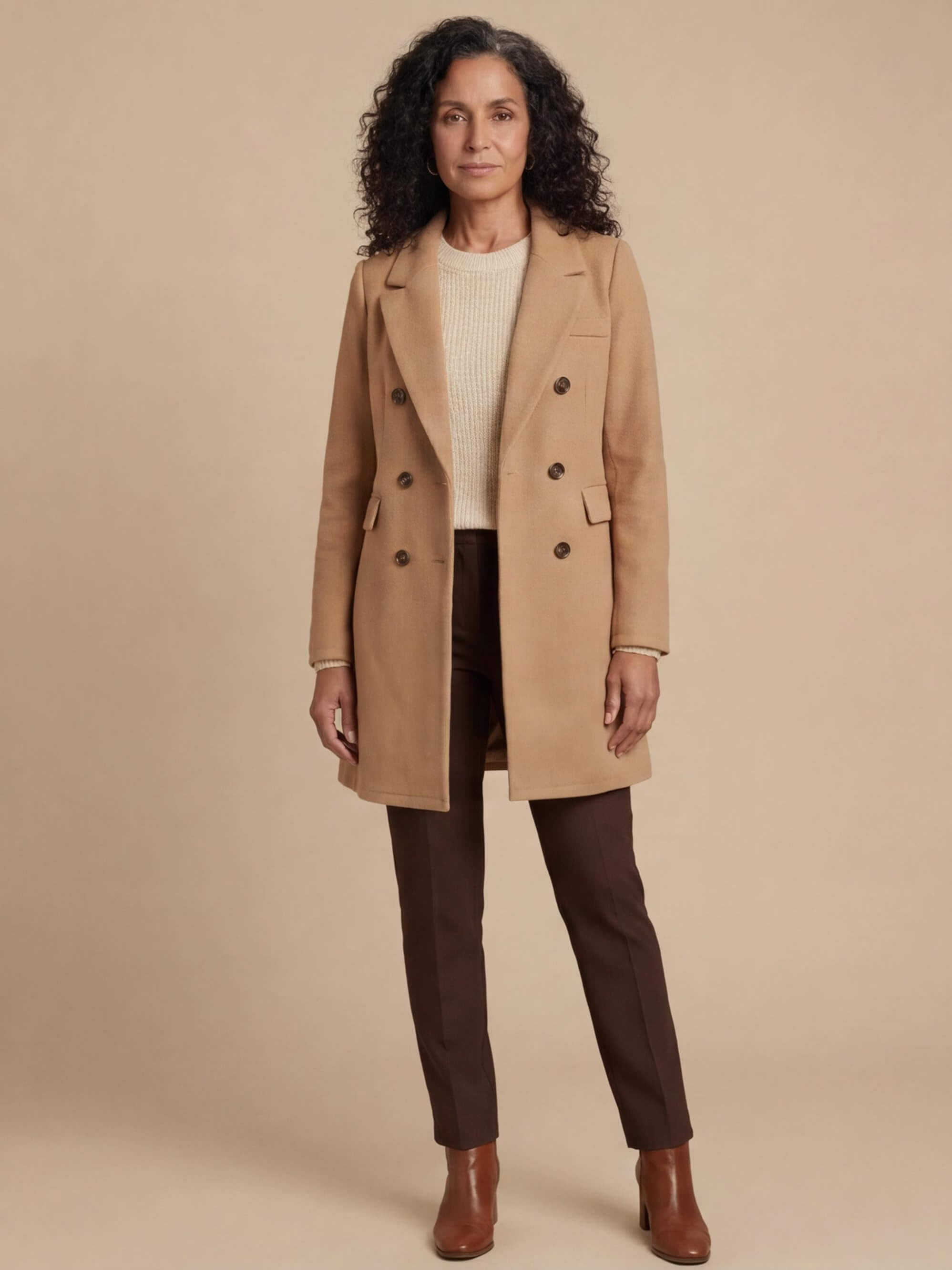 Women’s Double-Breasted Mid-Length Coat – Tailored Lapel & Waist-Defining Fit