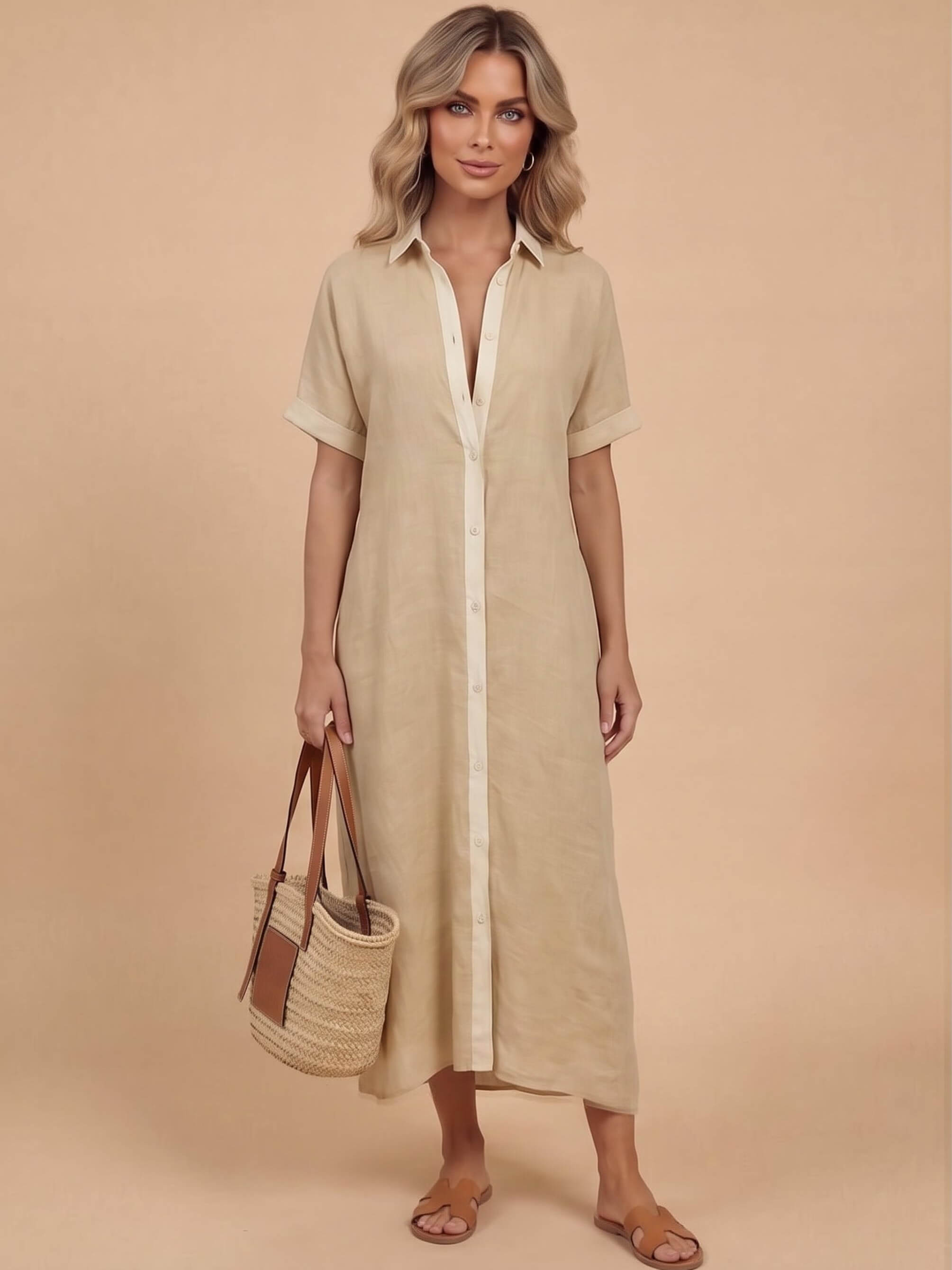 Women’s Button Front Short Sleeve Maxi Shirt Dress