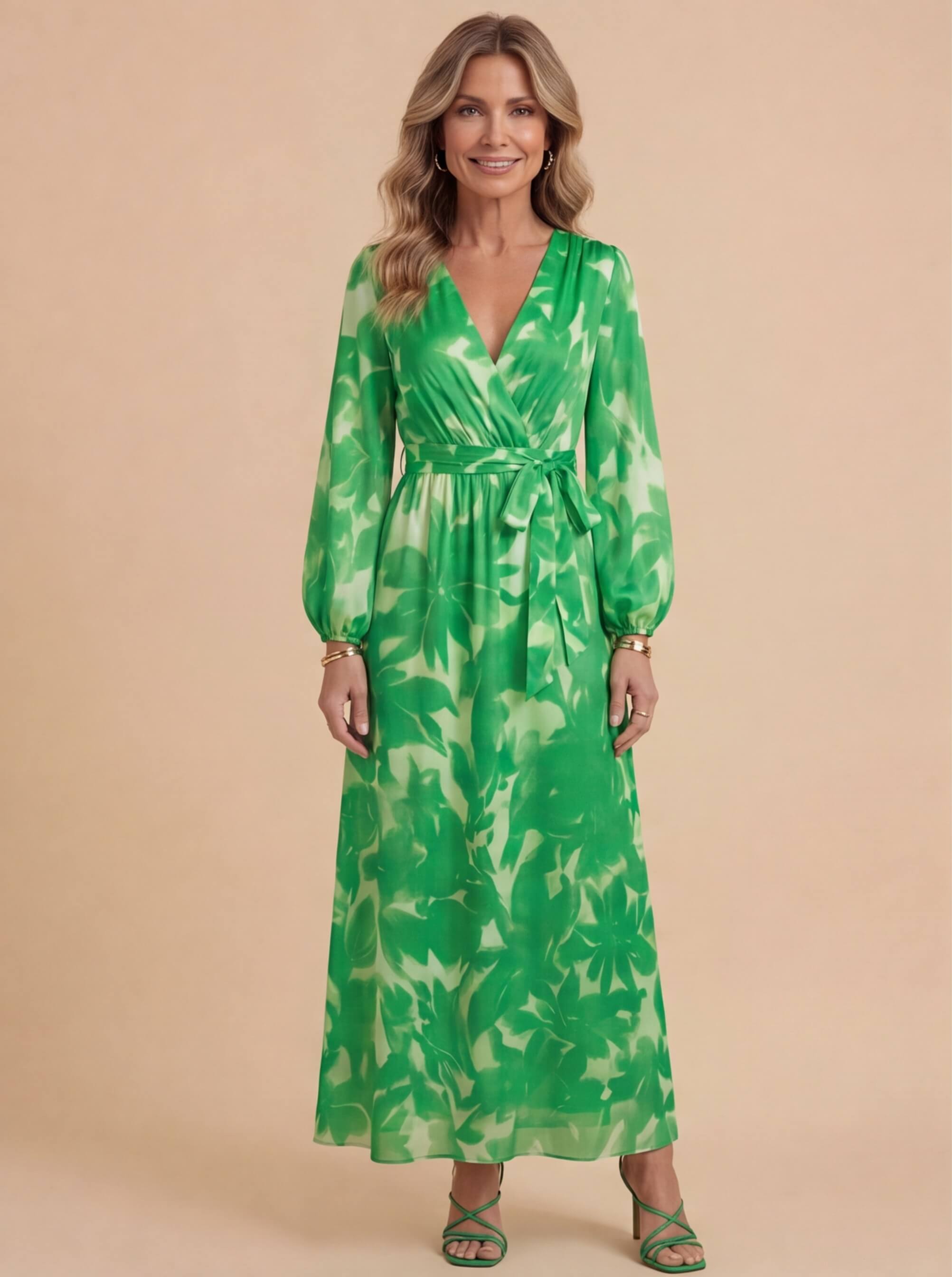 Women’s Dress – Deep V-Neck Long-Sleeve Satin Maxi Dress