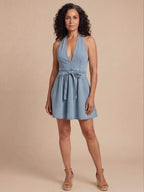 Women’s Halter Denim Flare Dress with Tie Waist – Effortless Summer Appeal