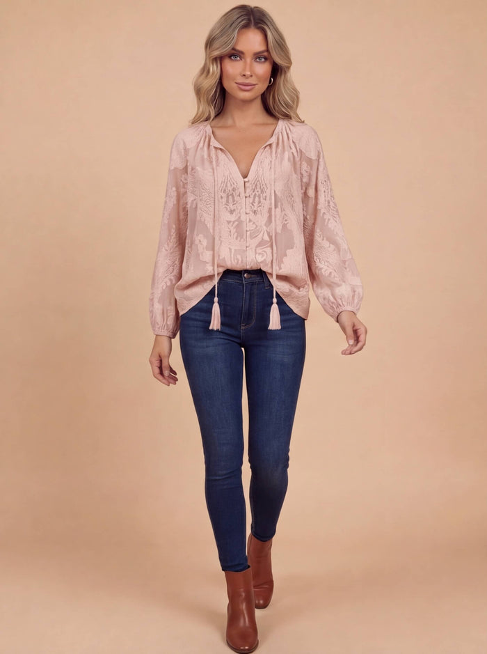Women’s Top – Boho Lace Blouse with Split Neckline