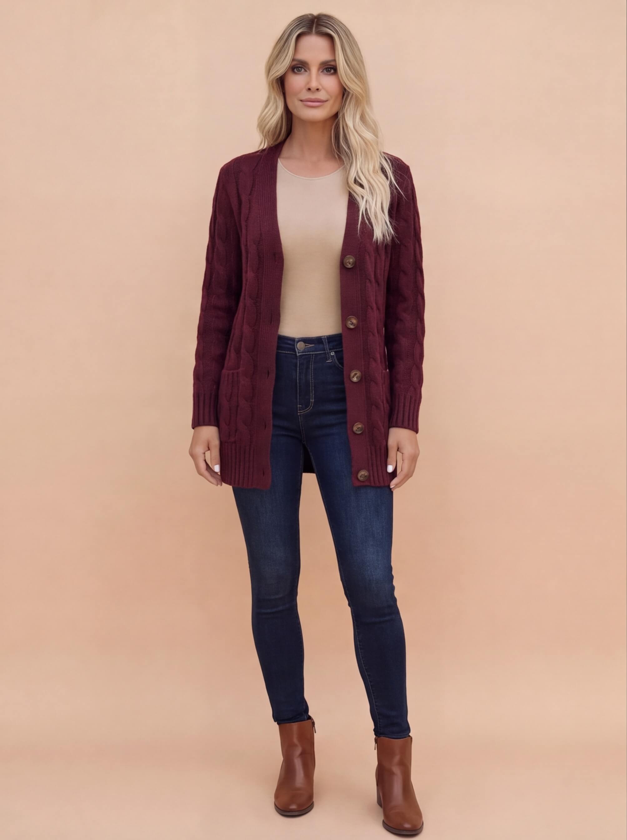 Women’s Cable Knit Cardigan – Button Front & Cozy Loose Fit
