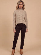 Women’s High-Neck Cable Knit Sweater – Cozy Loose Fit & Ribbed Hem Detail