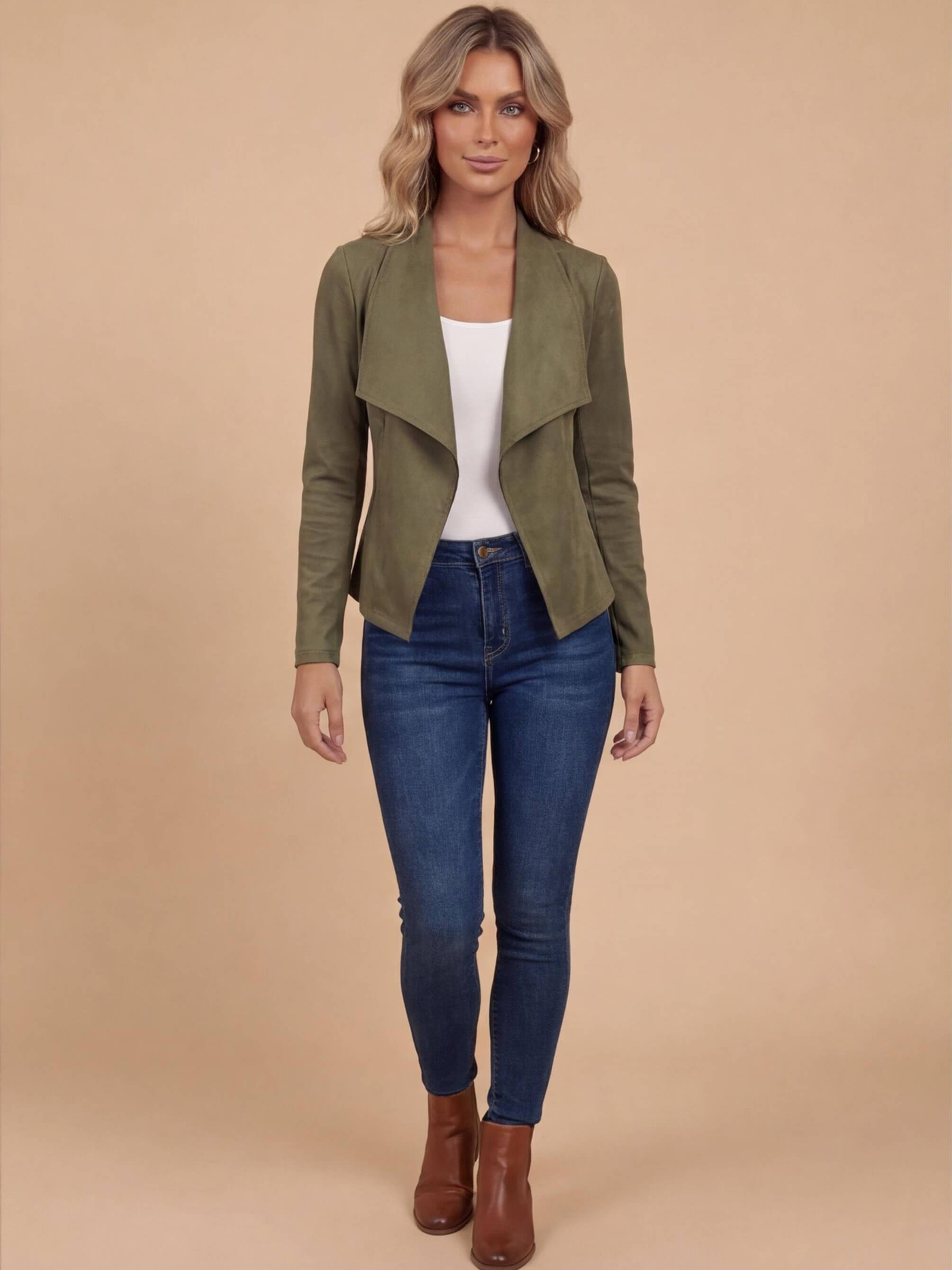 Women’s Elegant Faux Suede Jacket – Waterfall Lapel & Open-Front Layering