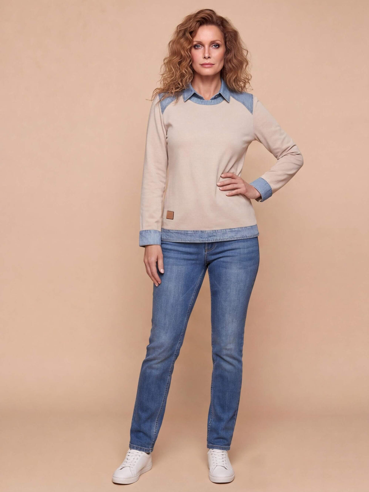 Women’s Denim Collar Detail Long-Sleeve Knit Top