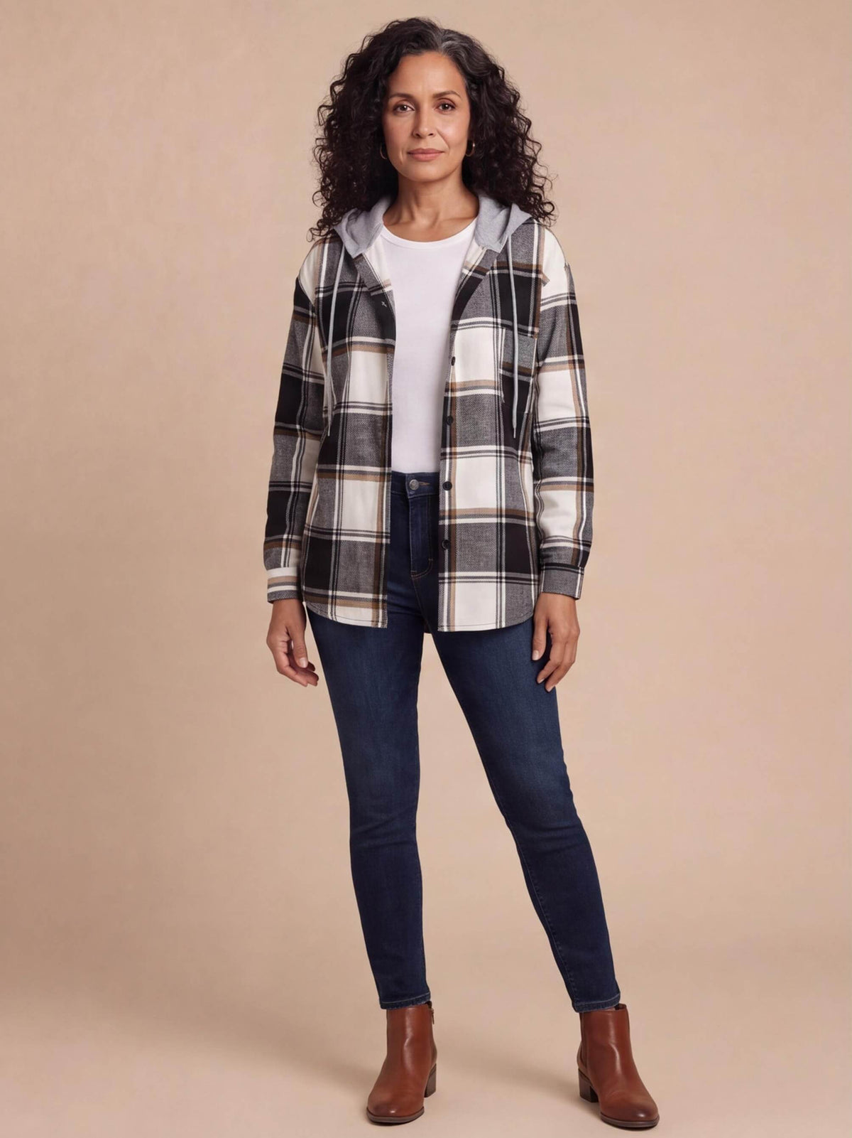 Women’s Hooded Plaid Button-Up Jacket