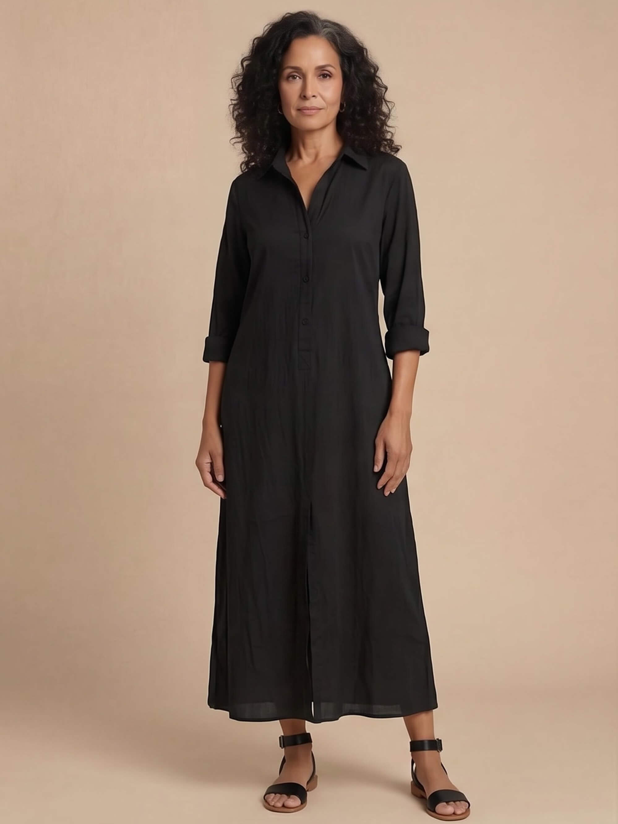Women’s Collared Front Slit Maxi Shirt Dress