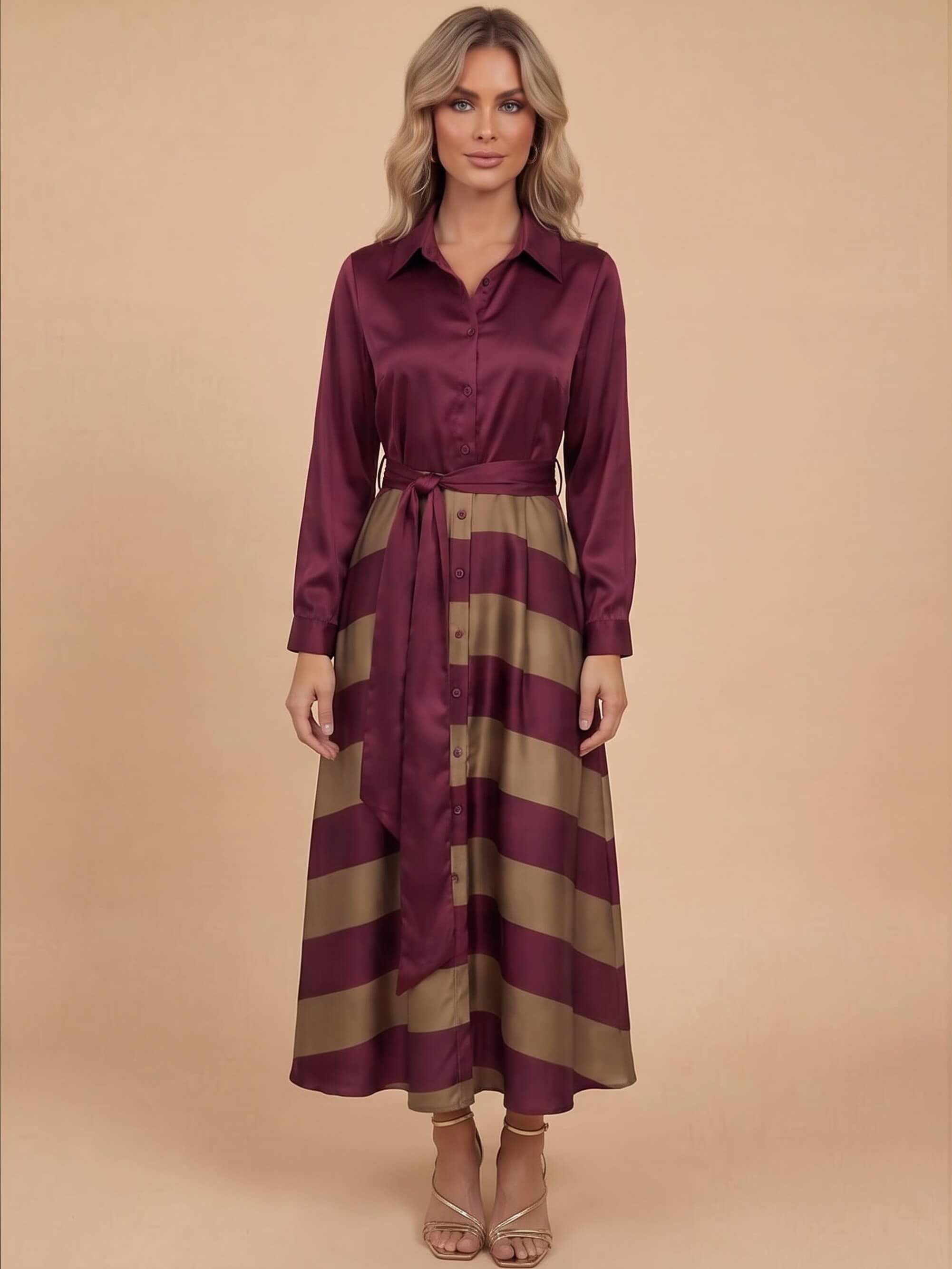 Women’s Belted Striped Maxi Shirt Dress