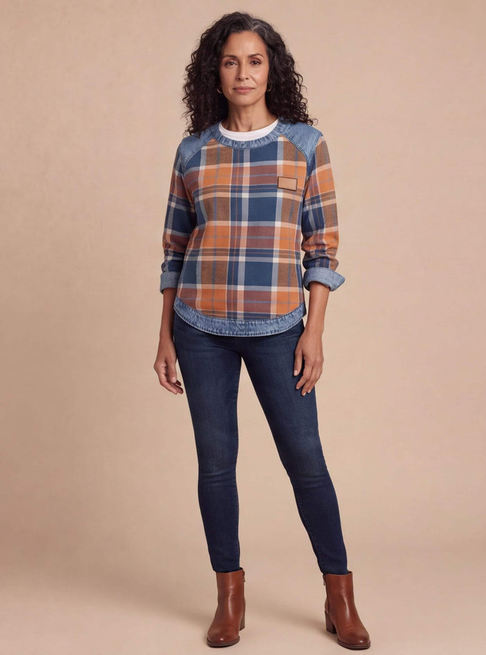 Women’s Plaid Denim-Trim Long-Sleeve Top