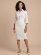 White Button-Front Midi Dress with Tailored Silhouette