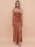 Women’s Dress – Satin Spaghetti-Strap Maxi Dress with Side Slit