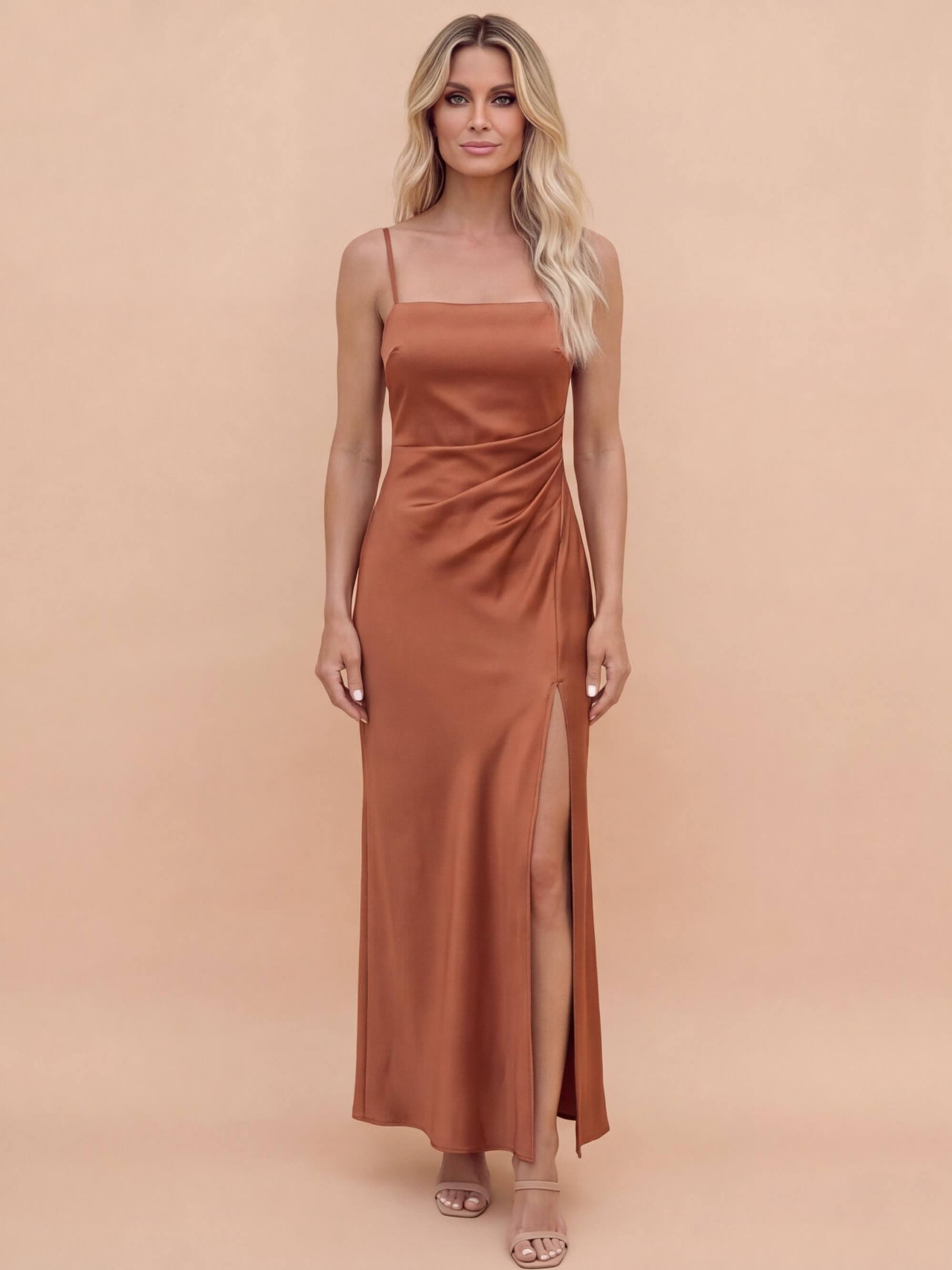 Women’s Dress – Satin Spaghetti-Strap Maxi Dress with Side Slit