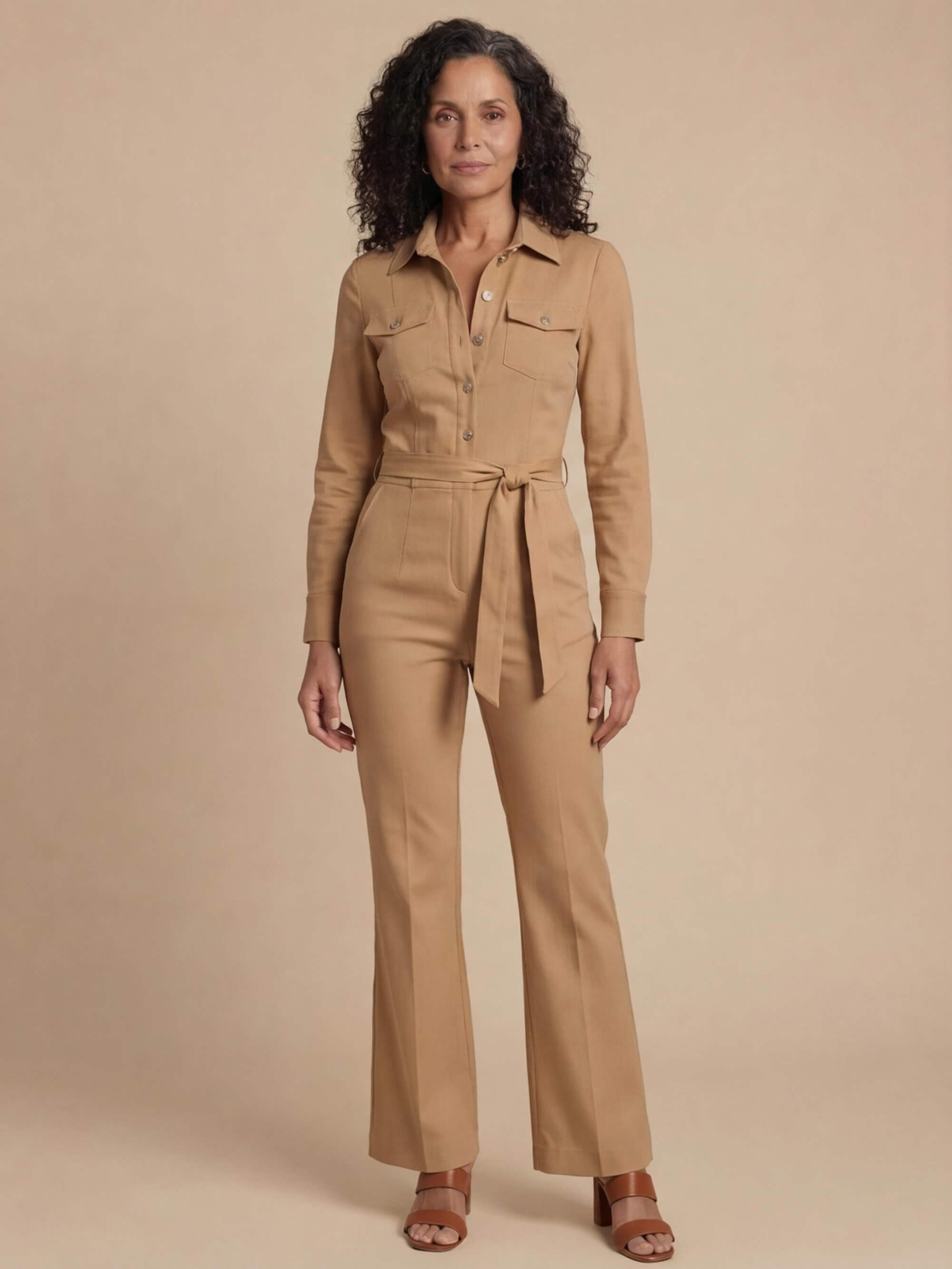 Women’s Camel Tailored Zip-Front Jumpsuit – Modern Power & Refined Elegance