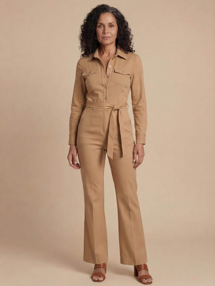 Women’s Camel Tailored Zip-Front Jumpsuit – Modern Power & Refined Elegance