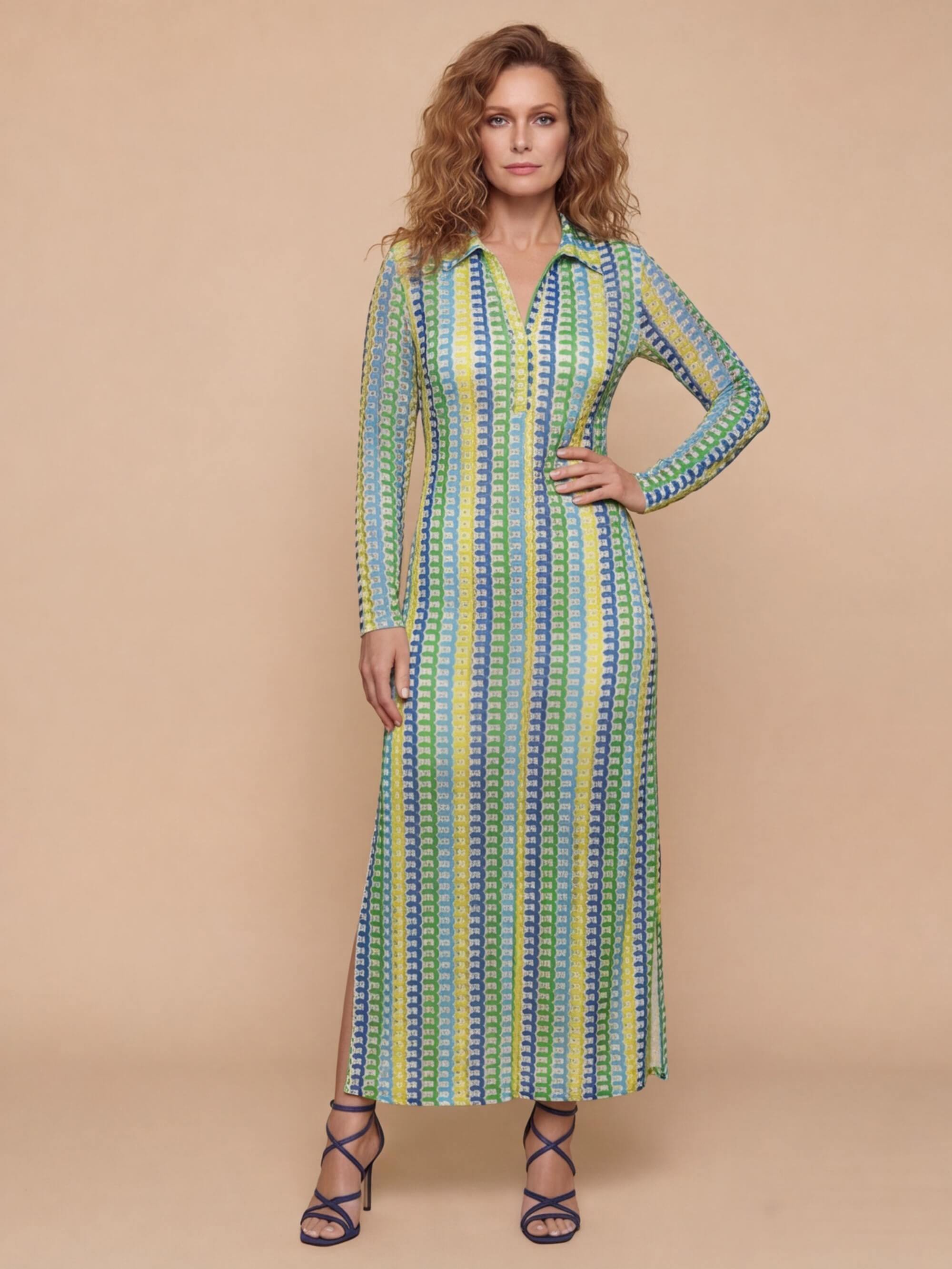 Valeria Printed Long Sleeve Midi Dress – Blue/Pink