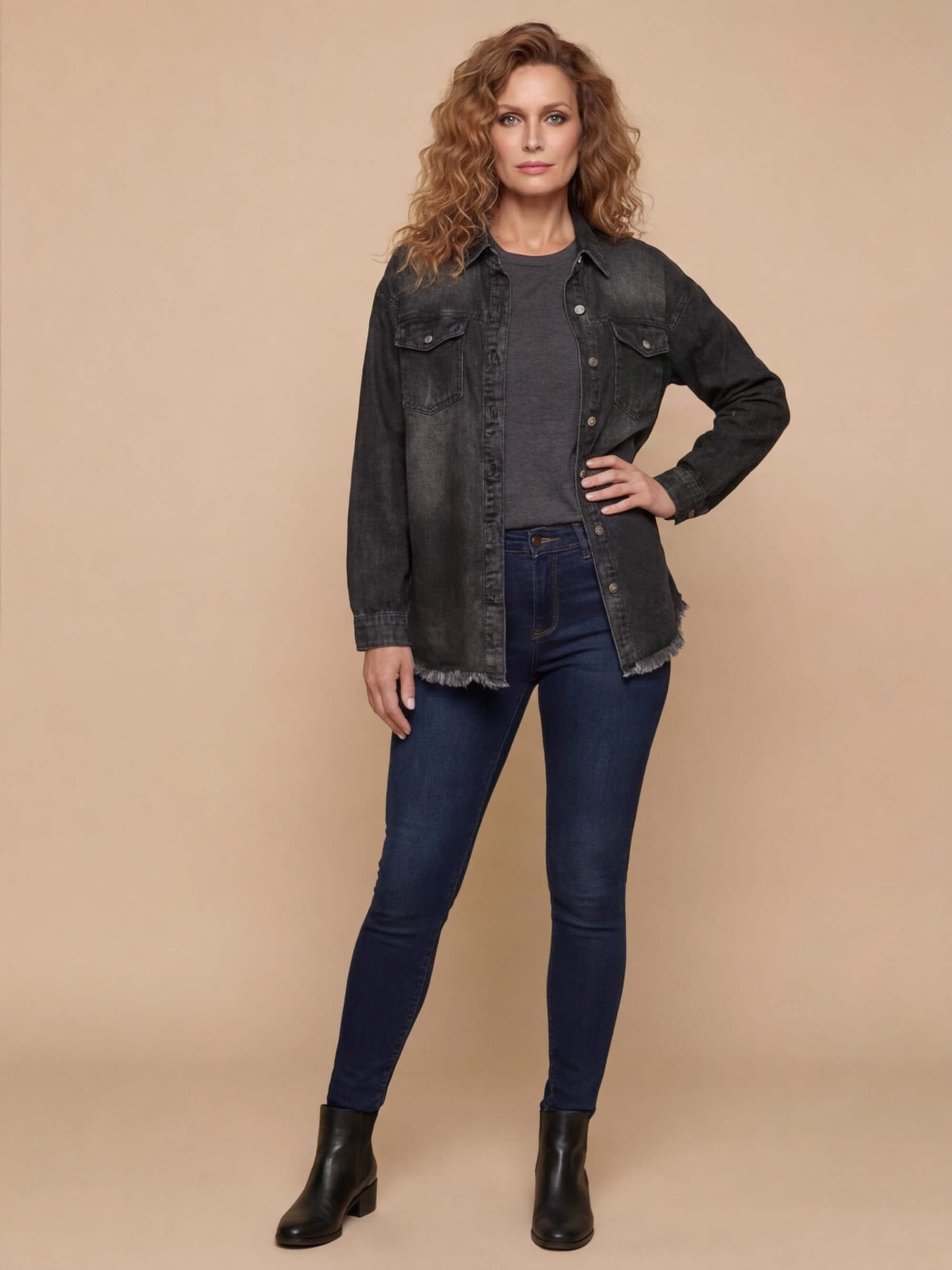 Women’s Washed Denim Jacket – Frayed Hem & Relaxed Street Style Fit