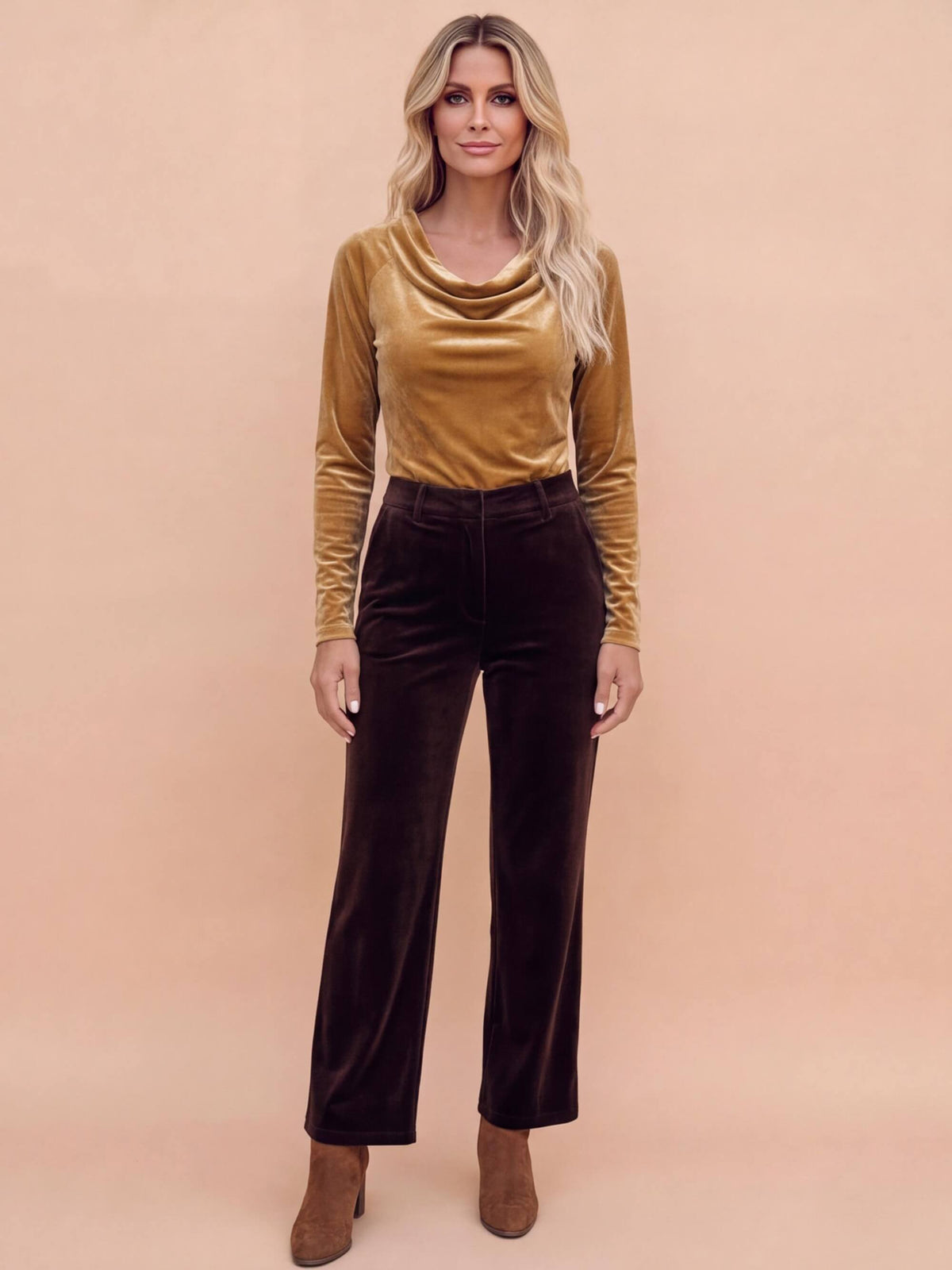 Women’s Velvet-Look Cowl Neck Long-Sleeve Top