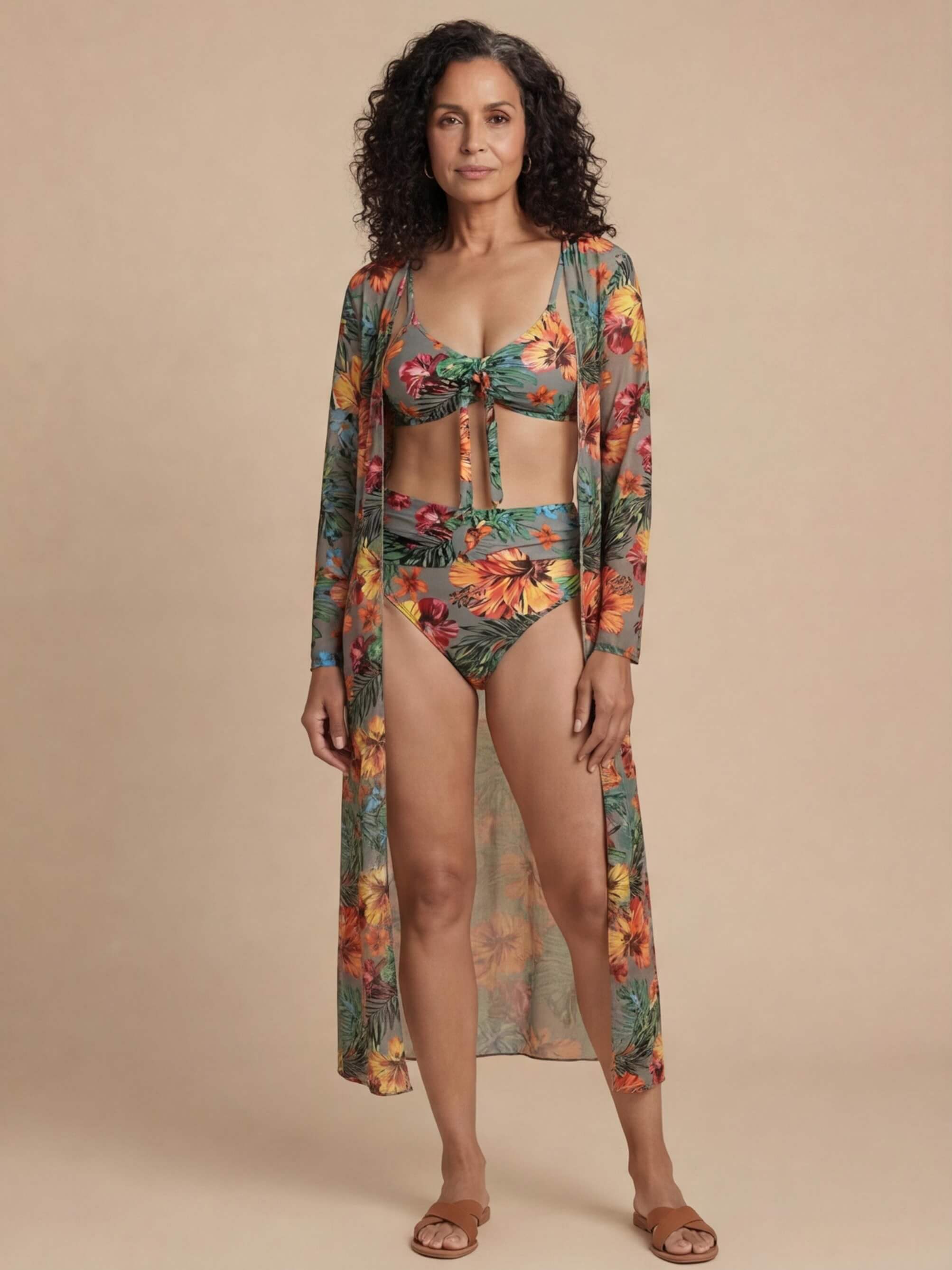 Women’s Tropical Three-Piece Bikini Set with Cover-Up