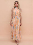 Women’s Elegant Halter Maxi Dress – Flowing Watercolour Design