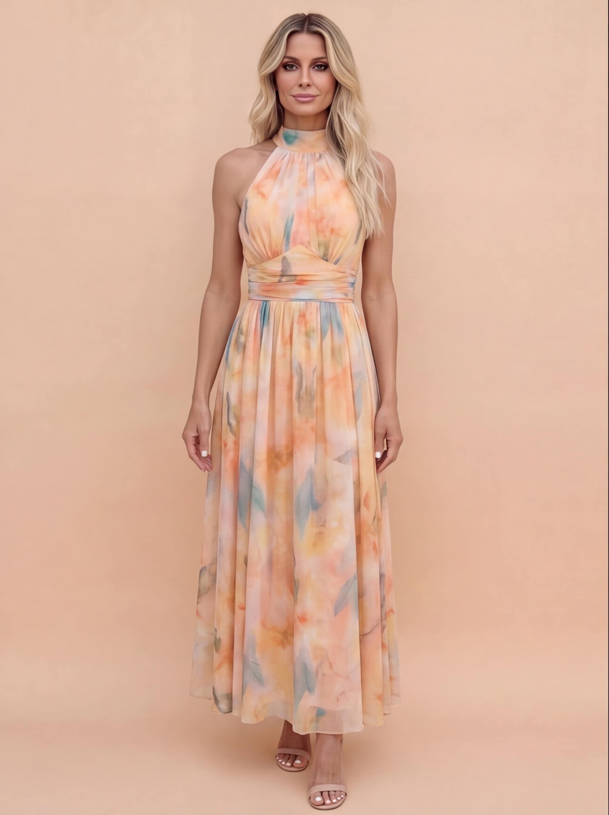 Women’s Elegant Halter Maxi Dress – Flowing Watercolour Design