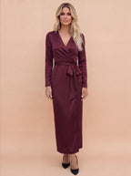 Satin Wrap Midi Dress with Tie Waist