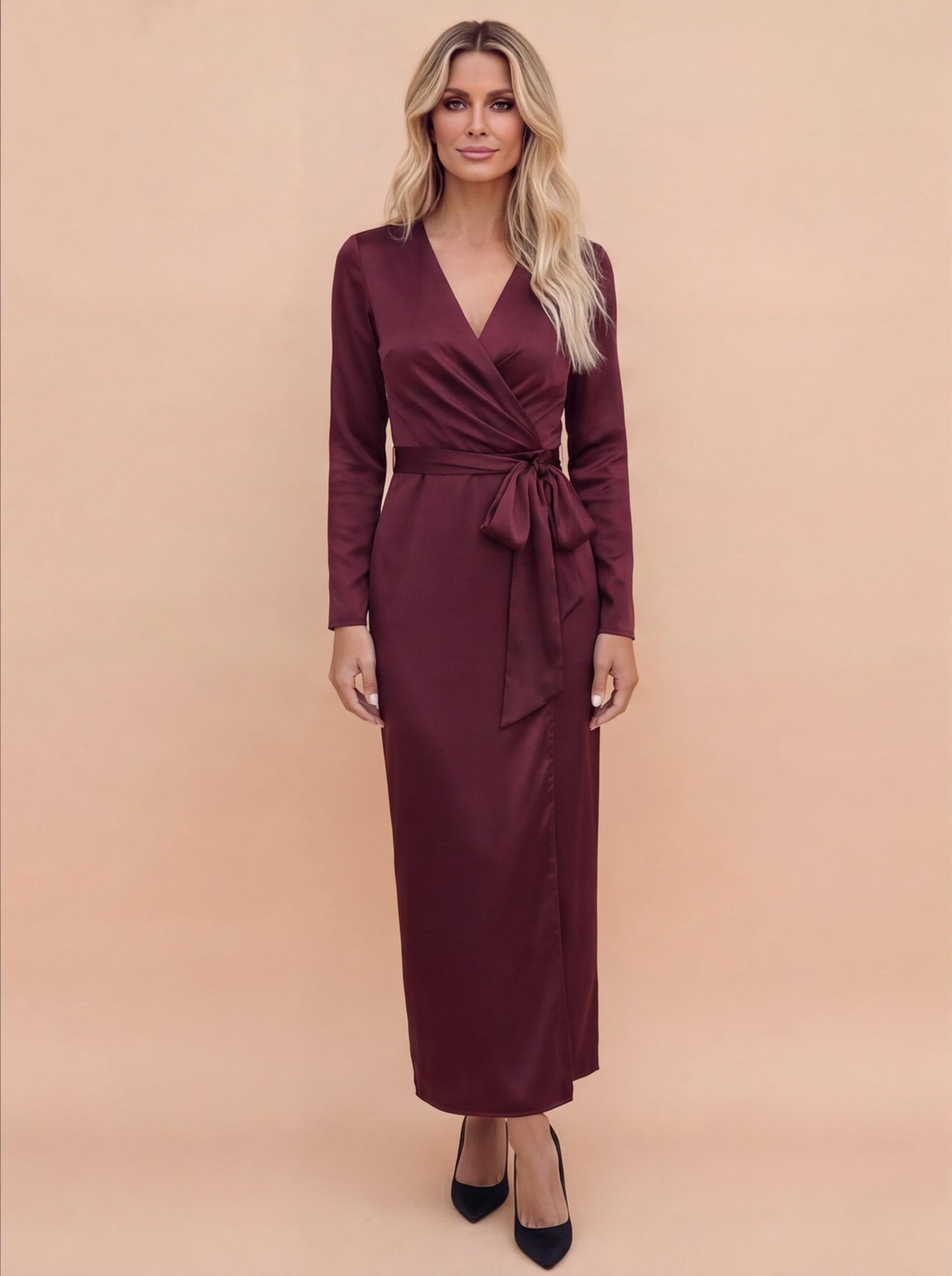 Satin Wrap Midi Dress with Tie Waist