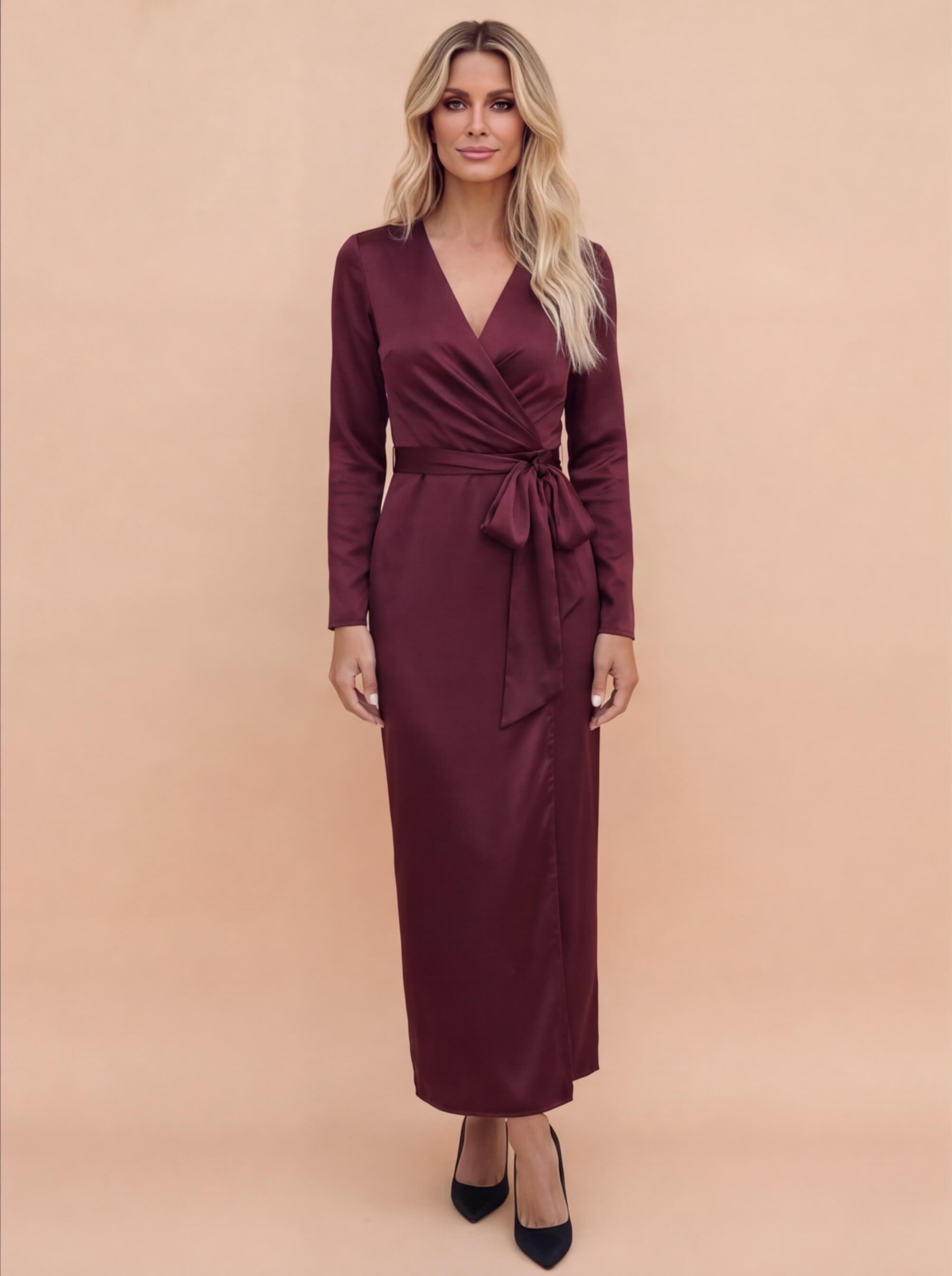 Satin Wrap Midi Dress with Tie Waist