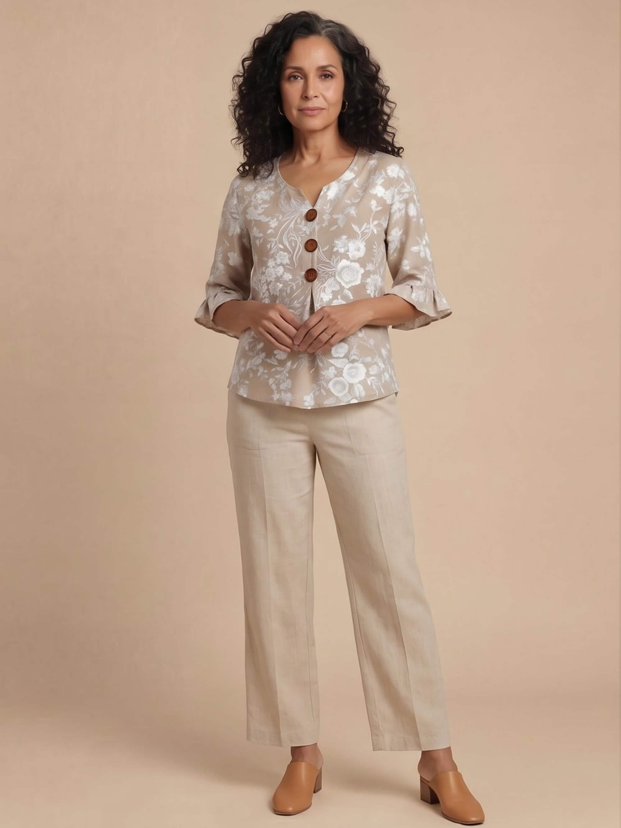 Women’s Floral Button Front Ruffle Sleeve Blouse
