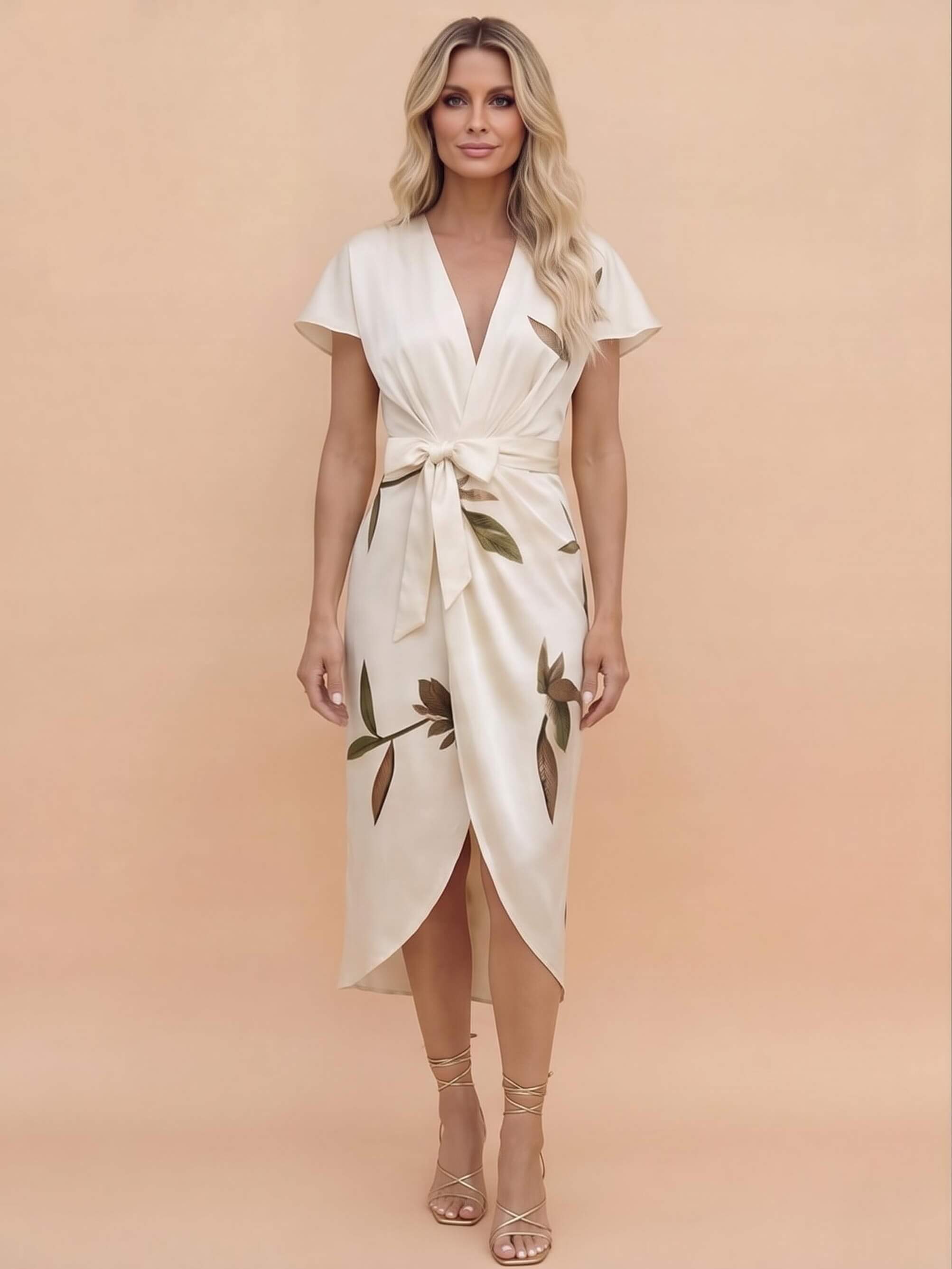 Women’s Leaf Print Tie Waist Wrap Dress