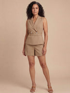 Women’s Khaki Lapel Collar Romper with Asymmetric Wrap Front