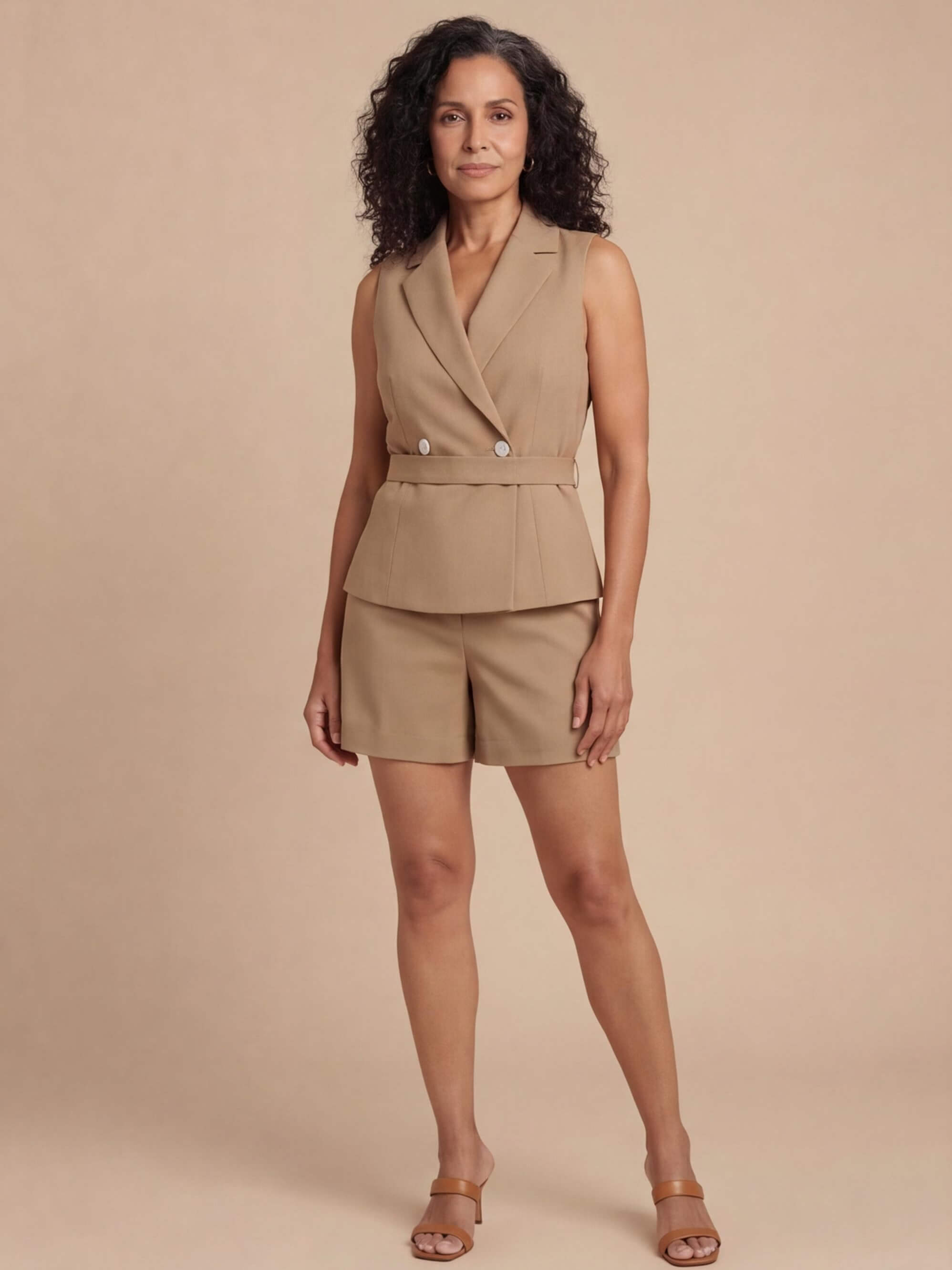 Women’s Khaki Lapel Collar Romper with Asymmetric Wrap Front