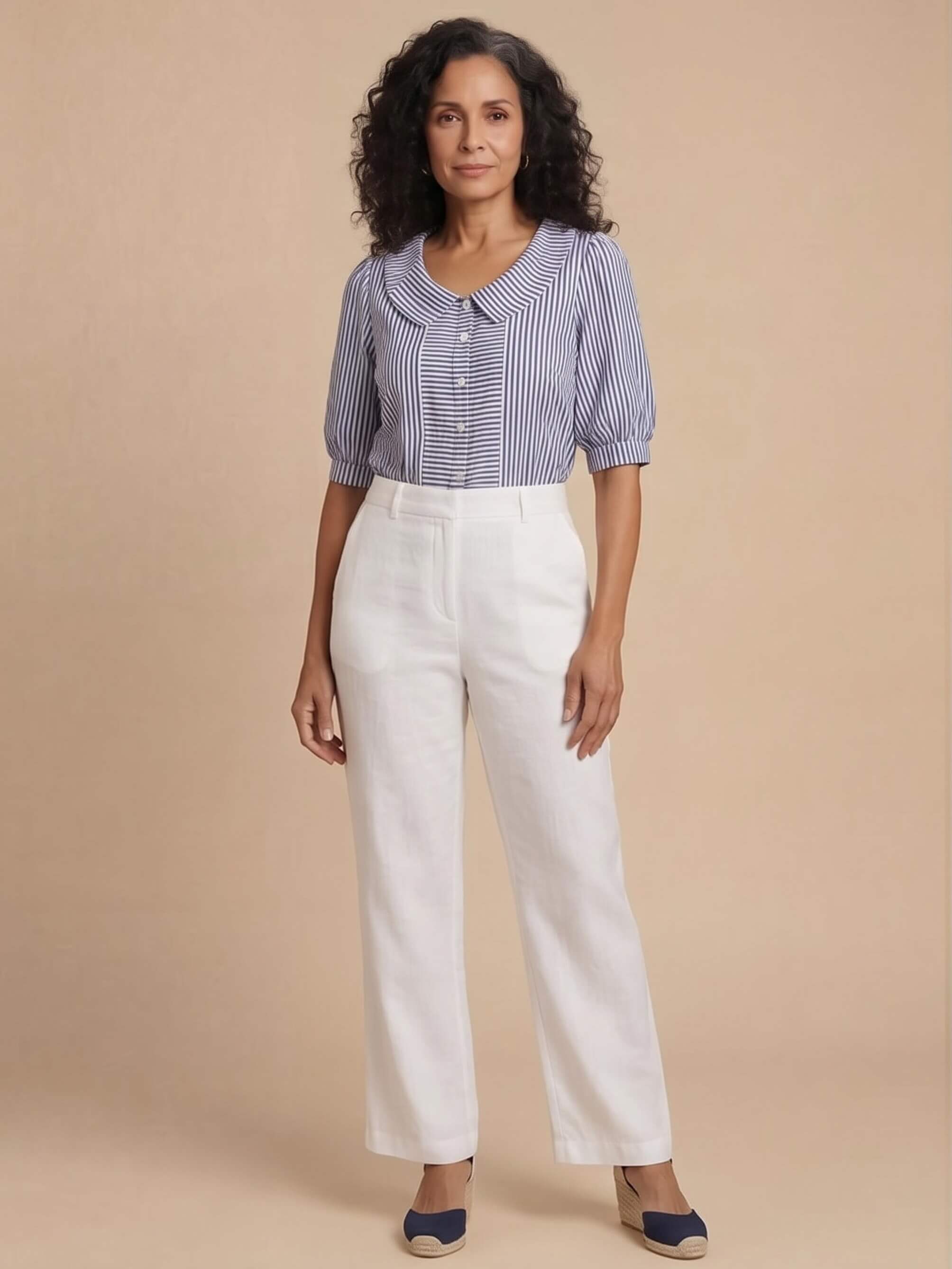 Women’s Striped Button-Up Blouse with Statement Collar