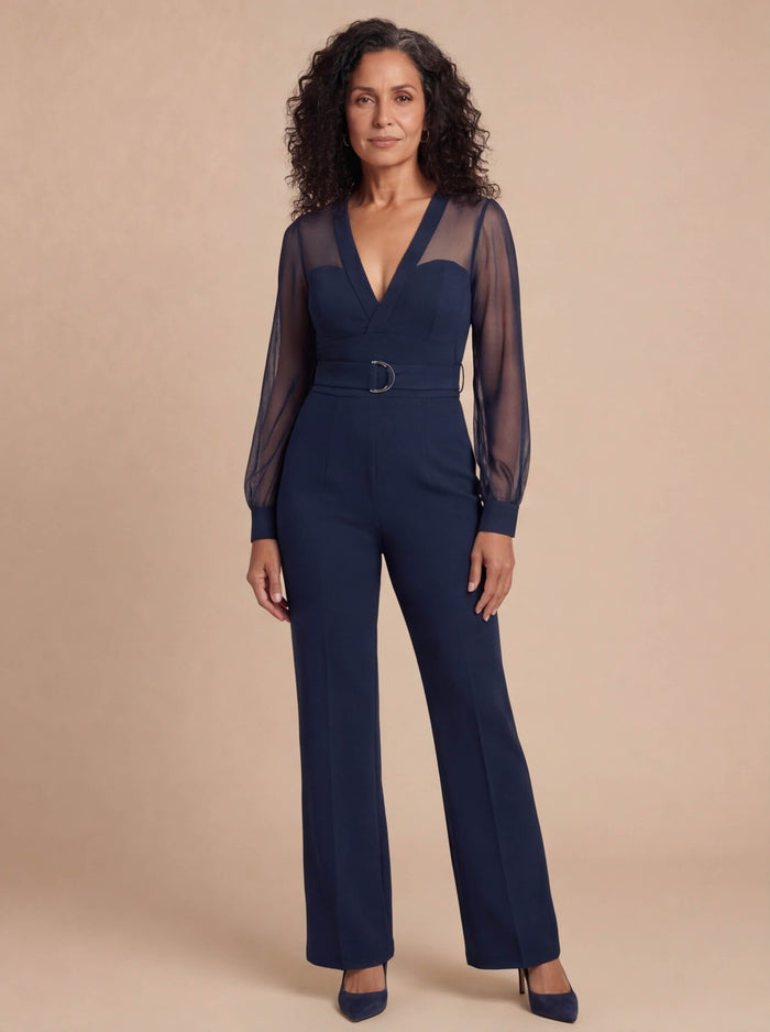 Elegant Allure, Effortless Confidence – Navy Wide-Leg Jumpsuit