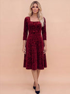 Women’s Embroidered Velvet-Look Square Neck Midi Dress