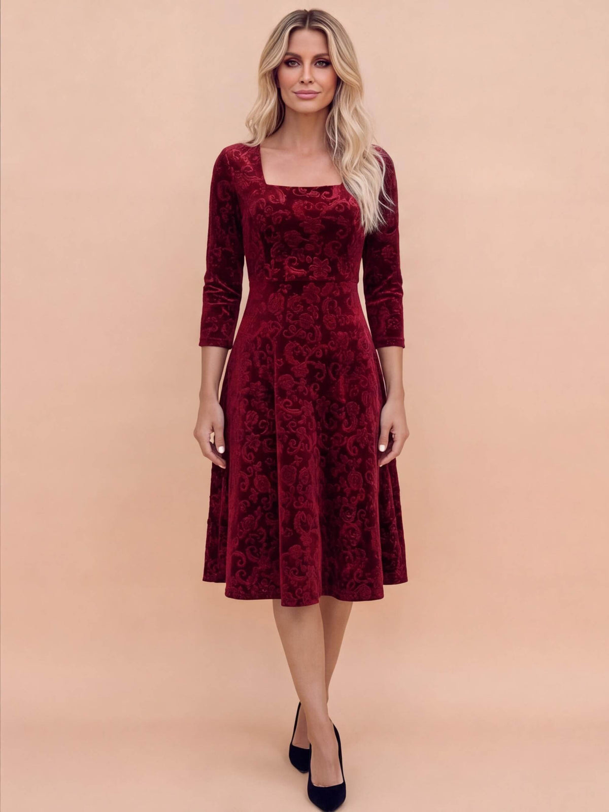Women’s Embroidered Velvet-Look Square Neck Midi Dress