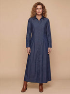 Women’s Elegant Button-Front Maxi Dress – Classic Lapel Collar & Flowing Silhouette