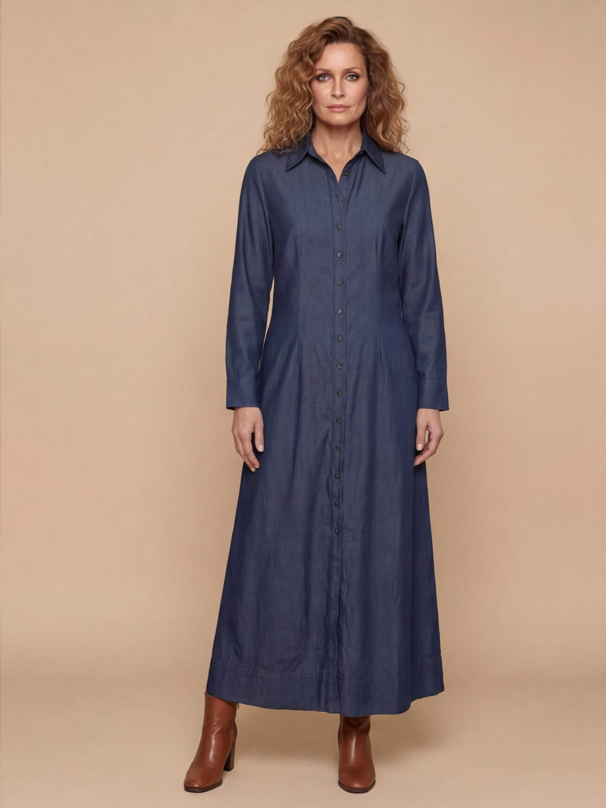 Women’s Elegant Button-Front Maxi Dress – Classic Lapel Collar & Flowing Silhouette