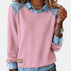 Women’s Denim Collar Detail Long-Sleeve Knit Top