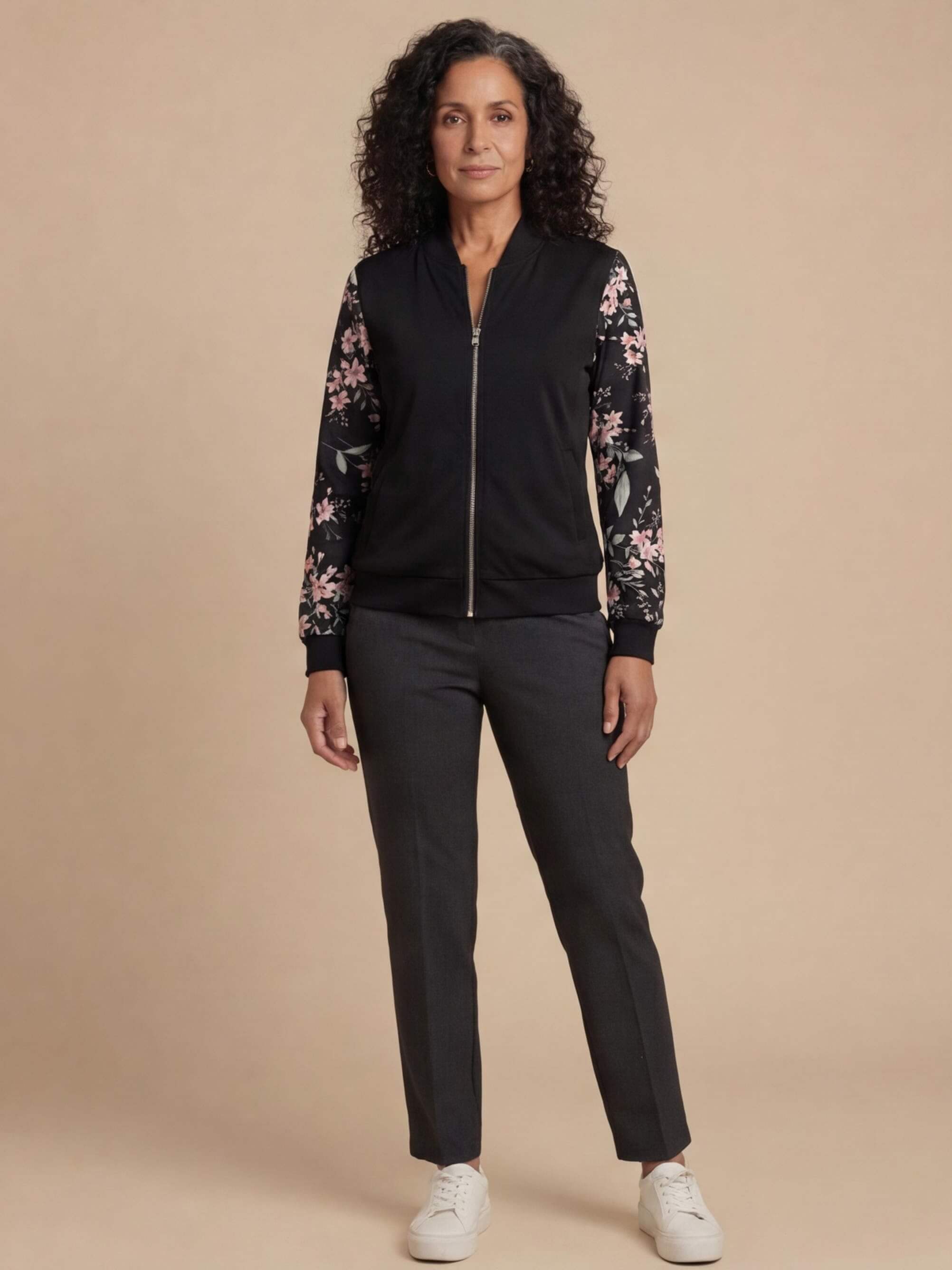 Women’s Floral Zip-Up Jacket – Baseball Collar - Spring/Fall