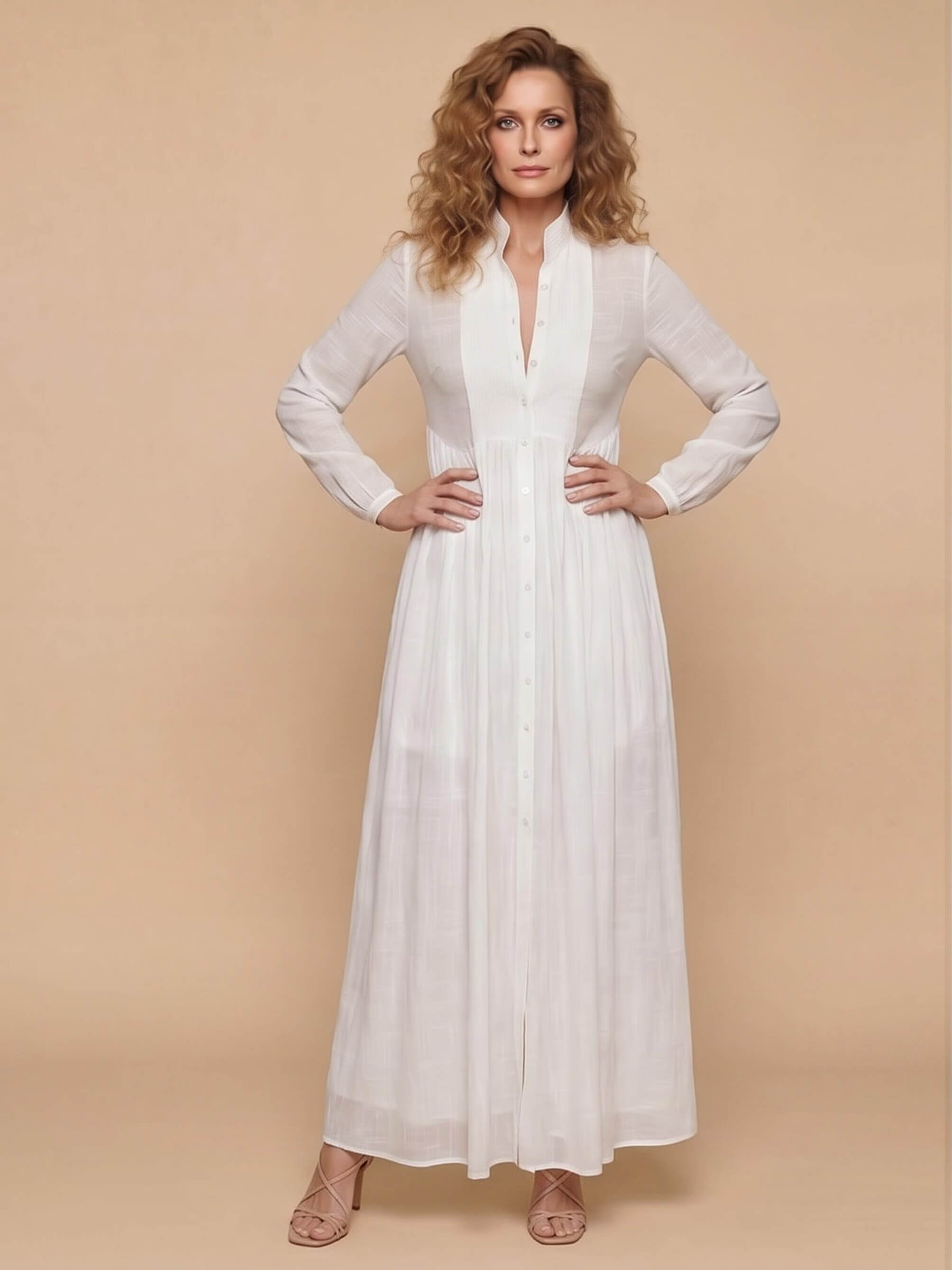 Women’s Button Front Pleated Maxi Shirt Dress