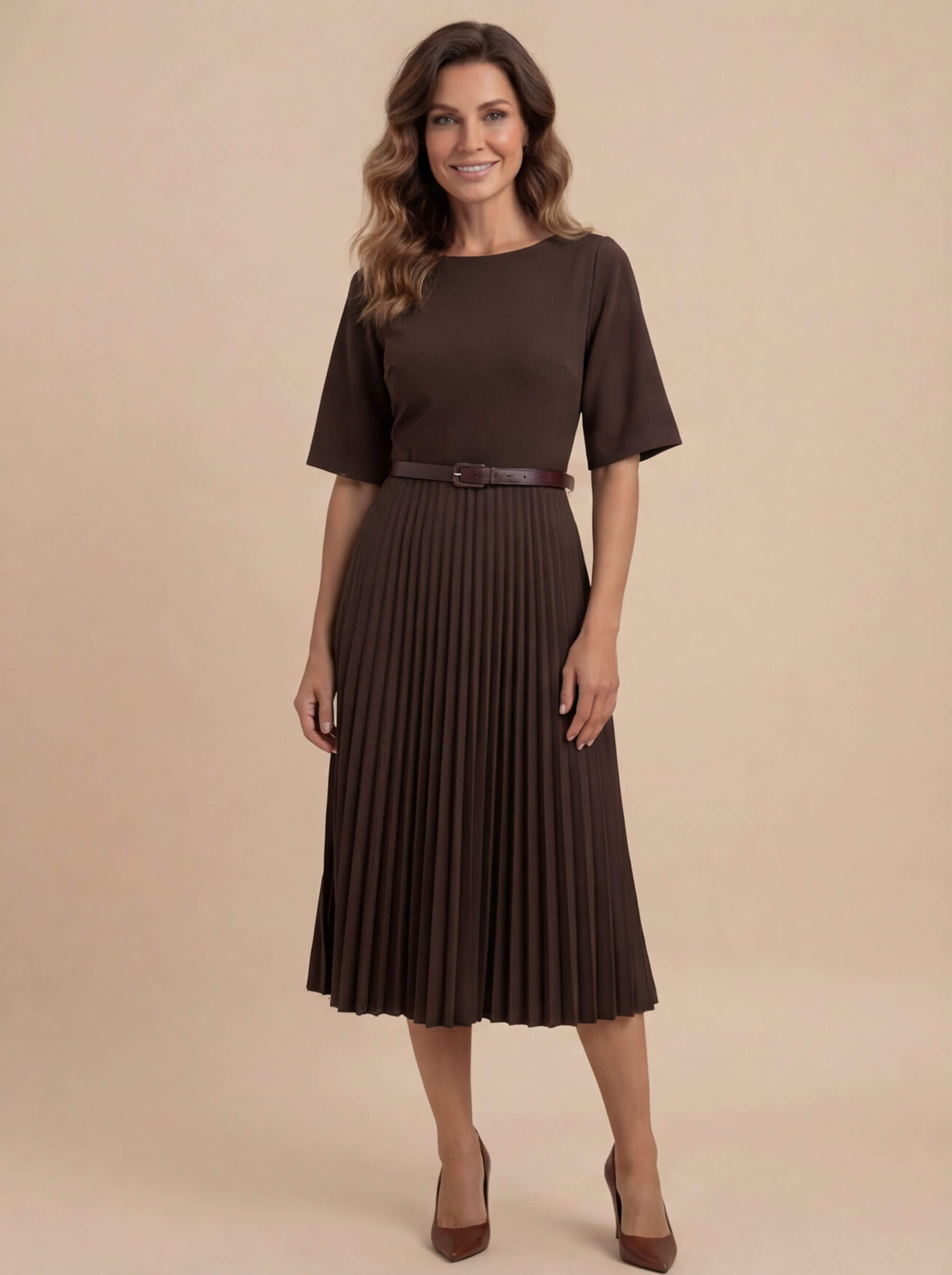 Women’s Dress – Pleated Maxi Dress with Defined Waist