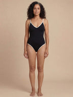 Women’s Black V-Neck One-Piece Swimsuit – Minimal & Timeless Style