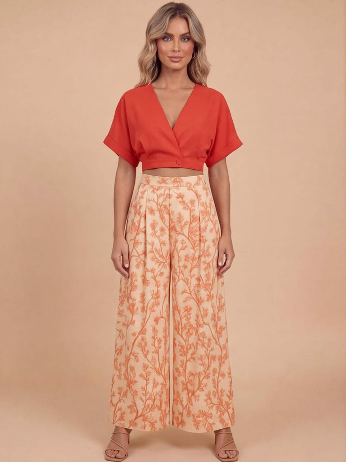 Women’s Set – Floral Print Top & Wide-Leg Summer Trousers