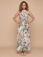 Women’s Dress – Floral Halter Maxi Dress with Tie Waist