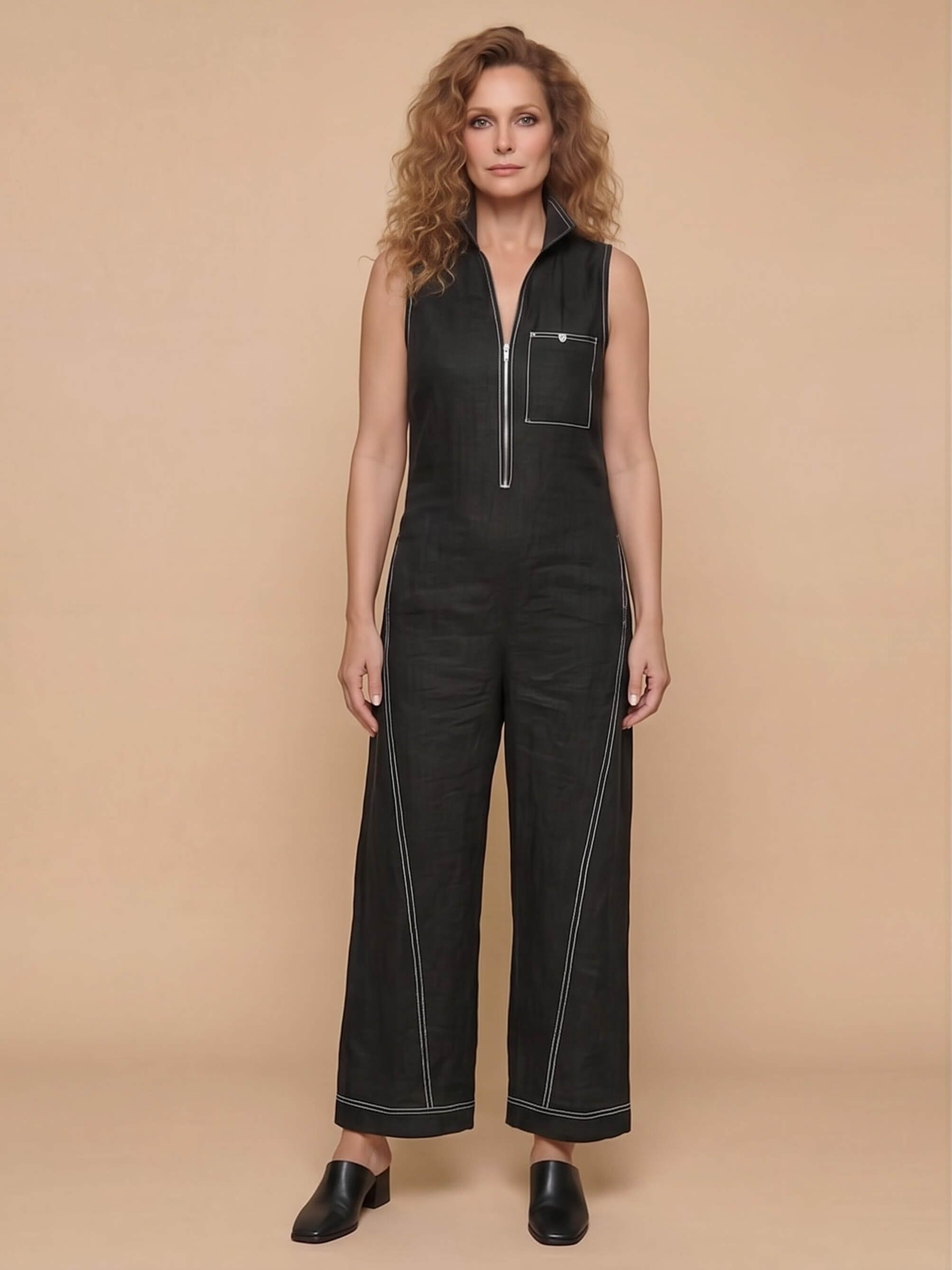 Women’s Sleeveless Zip Front Wide-Leg Jumpsuit