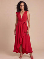 Women’s Sleeveless V-Neck High-Low Ruffle Maxi Dress